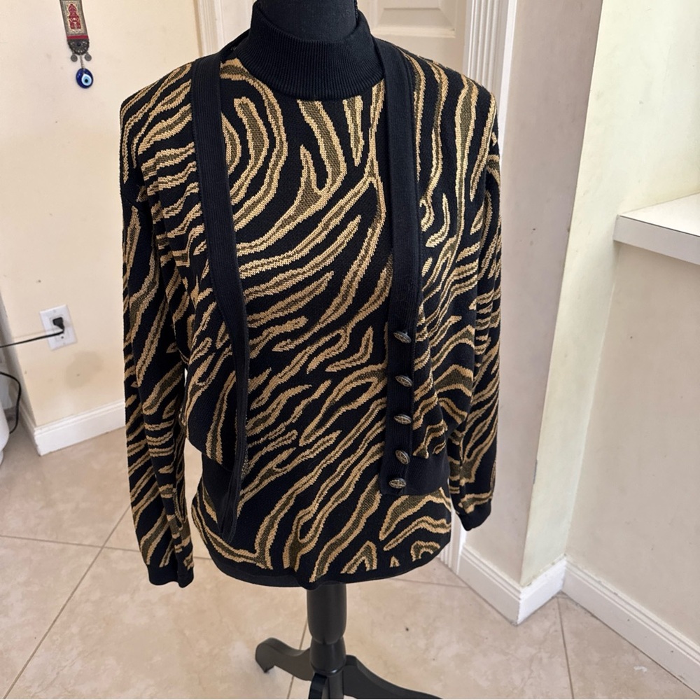Vintage Dana Bachman Black and Gold Zebra Print Sweater Set